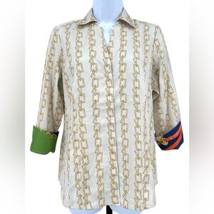 Foxcroft size 4 Taylor Ivory Chain Stripe Cotton Button 3/4 Sleeve Blouse NWT